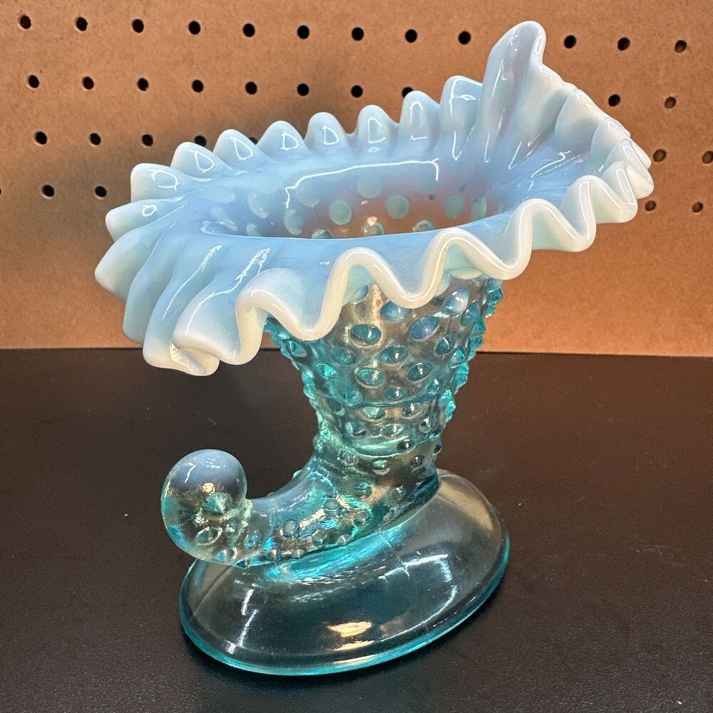 Vintage Fenton Blue Opalescent Hobnail Cornucopia Candlestick Holder
